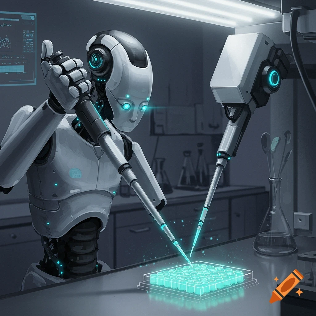 Robots pipetting samples into a well plate in a laboratory